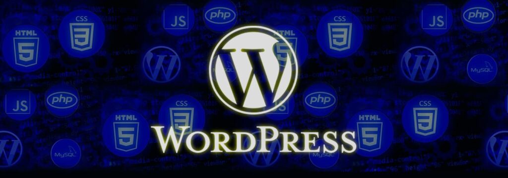 logo de WordPress blanco con fondo azul y negro con logos de HTML, CSS, JS, PHP